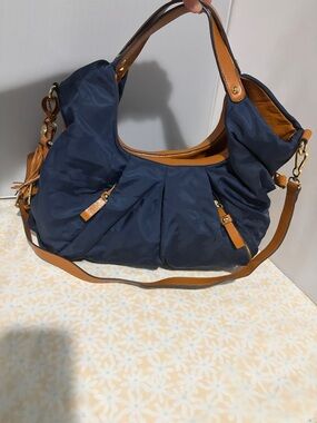 Vince Camuto Navy and Tan Leather Trim Hobo Bag with Adjustable Leather Strap